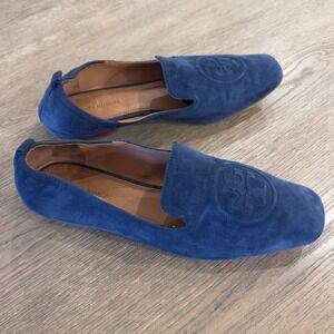 Tory Burch Leigh Silk Leather Suede Slip On Designer Loafers Navy Blue Size 11M